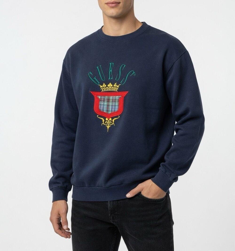 Vintage 80s Guess Navy Blue Embroidered Logo Crest Sweatshirt OS Fits Like L/XL